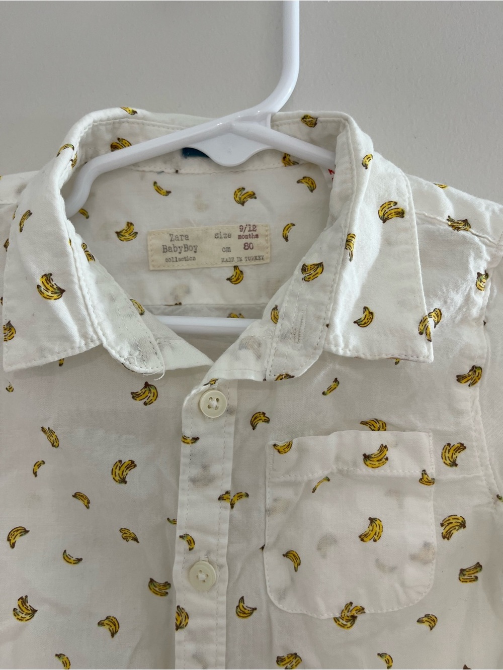 Zara Baby Boy White Button-Up Shirt with Banana Print 9-12 months